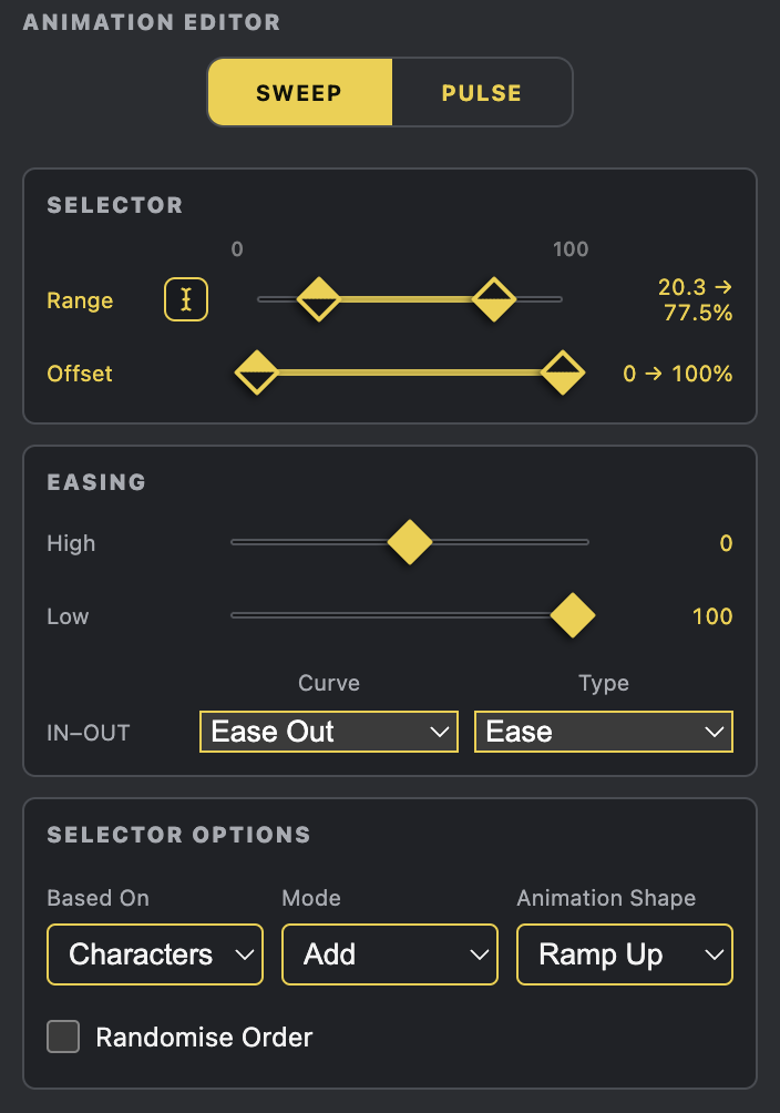 RiGlyph Animation Editor showing Sweep, Pulse, range and easing controls